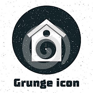 Grunge Retro wall watch icon isolated on white background. Cuckoo clock sign. Antique pendulum clock. Monochrome vintage