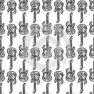 Grunge rock guitar seamless pattern. Electric guitar vector print. Rocker repeat tile. Hand-drawn heavy death metal concept