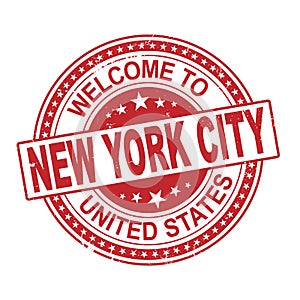 A grunge rubber ink stamp with the text Welcome To New York City USA over a white background