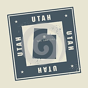 Grunge rubber stamp with name and map of Utah, USA