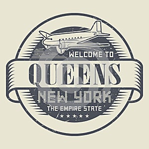 Grunge rubber stamp or tag with text Welcome to Queens, New York