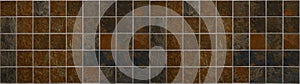 Grunge rusty dark natural slates stone square mosaic tile mirror / rust tiles wall background texture banner panorama