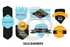 Grunge sale badge collection. Discount price offer set with place for text. Promo coupon labels