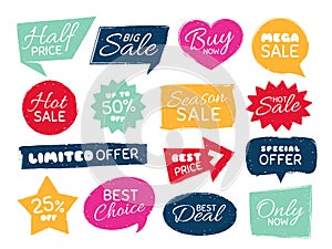 Grunge sale badge. Retro pricing sticker, grungy textured price tag and vintage best offer label badges isolated vector photo