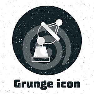 Grunge Satellite dish icon isolated on white background. Radio antenna, astronomy and space research. Monochrome vintage