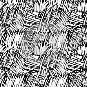 Grunge scribbles hand drawn seamless pattern. Vector chaotic lines, hatches paintbrush drawing.