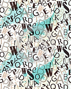 Grunge seamless alphabet vector pattern. Repeating random letters  texture