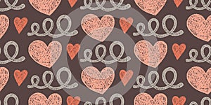 Grunge Seamless Pattern of Hand-Drawn Peach Hearts and Coffee Twists on Brown Background. Boho Style of Children\'s Drawing
