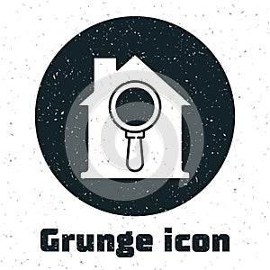 Grunge Search house icon isolated on white background. Real estate symbol of a house under magnifying glass. Monochrome