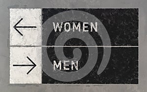 Grunge signs with arrows pointing two opposite directions towards Men and Women