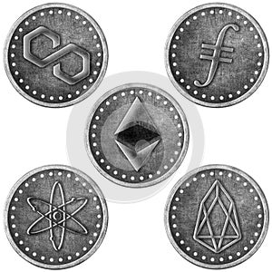 Grunge Silver Crypto Coin, Token Set - ETH, FIL, MATIC, ATOM, EOS