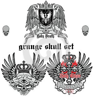 Grunge skull coat of arms skull set