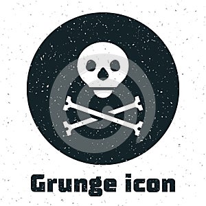 Grunge Skull on crossbones icon isolated on white background. Happy Halloween party. Monochrome vintage drawing. Vector