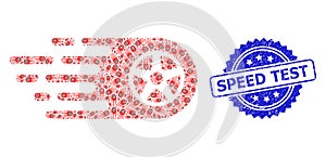 Grunge Speed Test Seal Stamp and Fractal Bolide Wheel Icon Collage