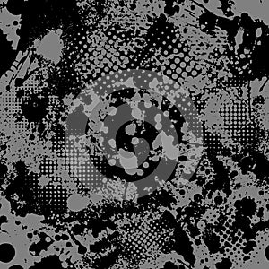 Grunge spots hand drawn vector seamless pattern. Ink dirty circles texture. Black paint dry brush splodges, blotches