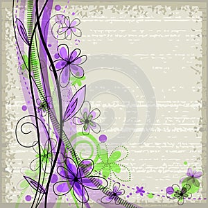 Grunge spring floral background with green and violet flowers