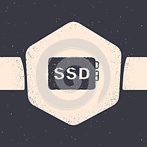 Grunge SSD card icon isolated on grey background. Solid state drive sign. Storage disk symbol. Monochrome vintage