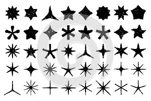 Grunge stars. Hand drawn star, starry doodle and textured favorites icon silhouette isolated vector set