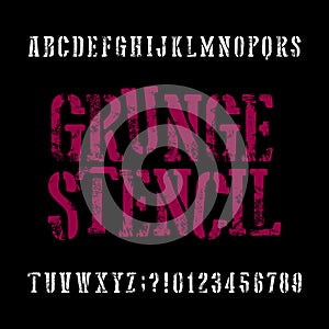 Grunge stencil typeface. Retro alphabet font. Scratched letters