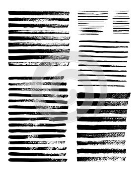 Grunge strips. Set of vector ink brushes. Dirty textures for banners, frames, patterns, prints, and design elements