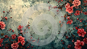 Grunge style floral background, web banner with flowers against rough textured wall and copy space, strong girls