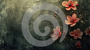 Grunge style floral background, web banner with flowers against rough textured wall and copy space, strong girls