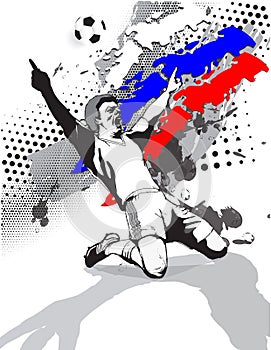 Grunge style image of the flag and the victory of the football player on the football field of Russia.vector illustration