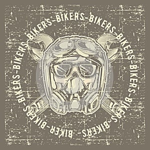 Grunge style vintage skull skull bikers wearing helmet and wrench hand drawing vector