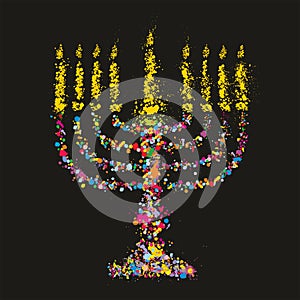 Grunge stylized colorful Chanukiah (menorah) on bl