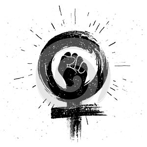 Vector illustration women resist symbol. Raised fist icon. Female gender and  feminism logo design. photo