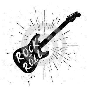 Vector Illustration of black vintage grunge label with guitar and text rock and roll.