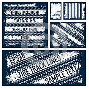 Grunge text tire tracks white frames set