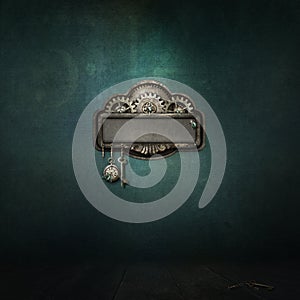 Grunge texture background with steampunk styled plaque