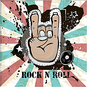 Grunge texture background , text Rock n Roll. Hand palm. Rock symbol. Hand drawn vector illustration.