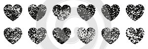 Heart Shape Set with Grunge Texture. Romantic Valentine Day Decoration, Love Symbol Collection. Black Rough Paint Brush