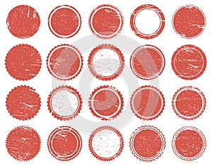 Grunge texture stamp. Rubber red circle stamps, distressed texture red vintage marks. Sale round stamps vector