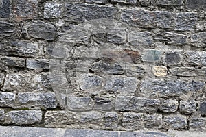 Grunge texture stone wall background. Coarse facing, rough old stone or rock texture of mountains. Grungy aged stonework city. Fro