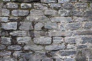 Grunge texture stone wall background. Coarse facing, rough old stone or rock texture of mountains. Grungy aged stonework city. Fro