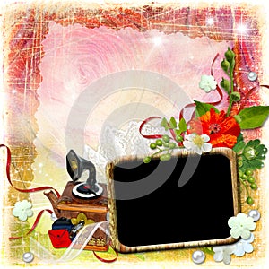 Grunge textured background with framework and flowers.