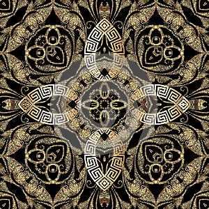 Grunge textured gold 3d vector seamless pattern. Greek style ornamental grungy background. Repeat tapestry backdrop