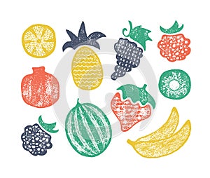 Grunge textured set of isolated fruits vector illustrations