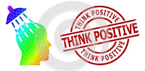 Grunge Think Positive Badge and Polygonal Spectral Colored Brainwashing Icon with Gradient