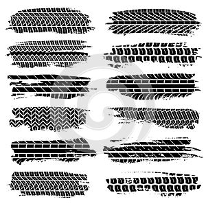 Grunge tire tracks. Car motorcycle tires elements set, grunge tractor trace on street road, motocross rally dirty