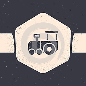 Grunge Toy train icon isolated on grey background. Monochrome vintage drawing. Vector