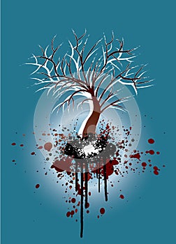 Grunge tree blue and red nature illustration