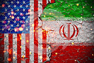 Grunge Us VS Iran national flags icon pattern isolated on broken cracked wall background, abstract international political