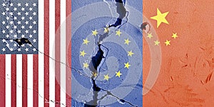 Grunge USA Europe China vertical flags isolated on broken concrete wall with cracks background