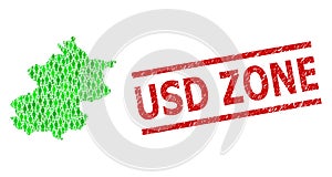 Grunge USD Zone Stamp Imitation and Green People and Dollar Mosaic Map of Beijing Municipality