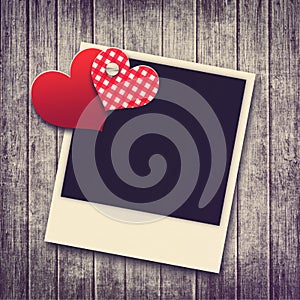 Grunge valentine background with two hearts and photo