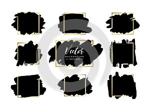 Grunge vector backgrounds set. Hand drawn brush spots with golden frames. Ink brush strokes, black paint spot textured